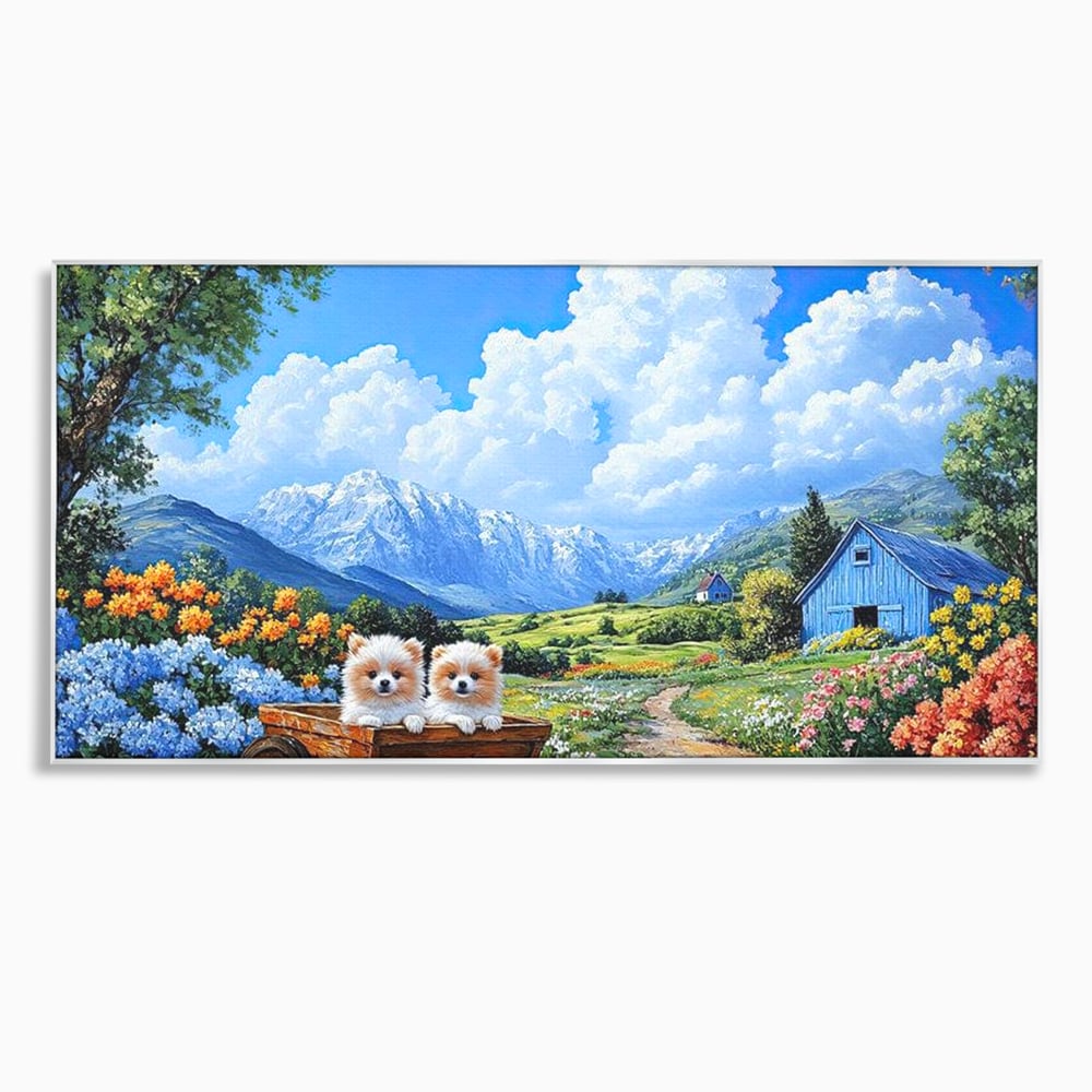 Tablou canvas cu tablou canvas cu catei in caruta si munti, in rama de aluminiu argintiu